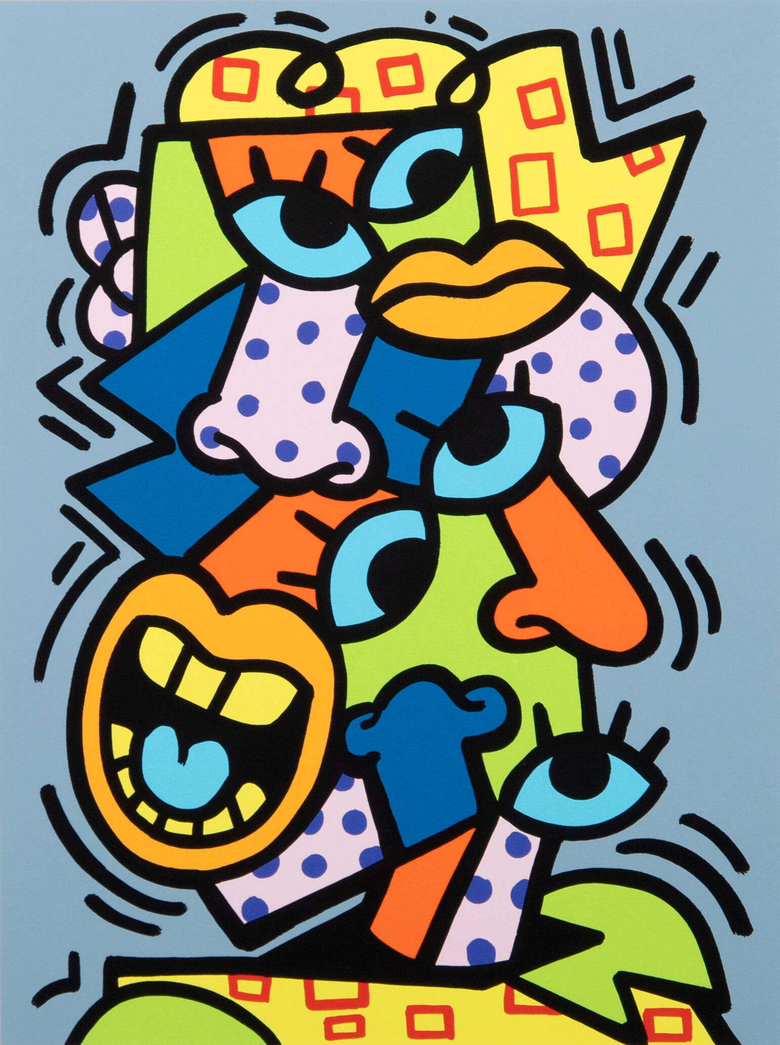 Colrful abstract print of a parts of a face all jumbled together. There are multiple noses, eyes and mouths.